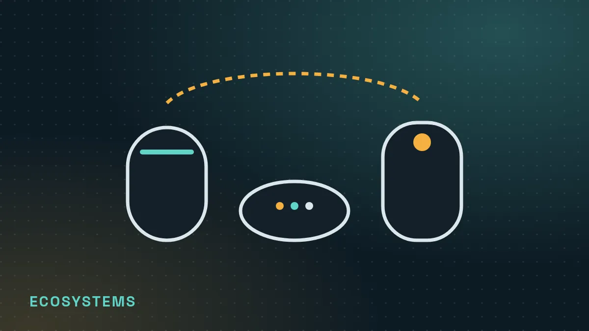 Line illustration of three smart speakers of different shapes connected by a dotted arc