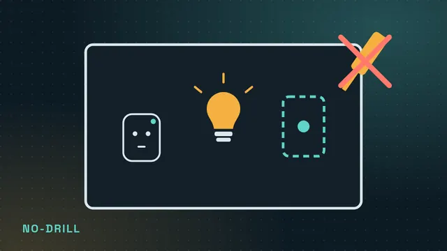 Line illustration of a room with a smart plug, smart bulb and stick-on sensor, and a crossed-out drill