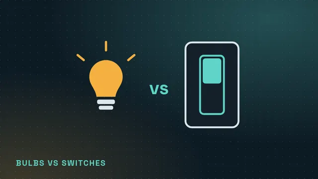 Line illustration of a glowing smart bulb next to a smart wall switch with the word vs