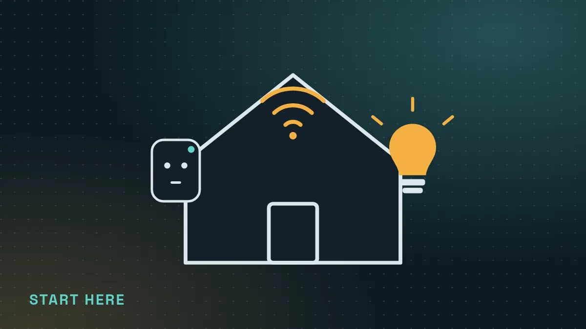 Line illustration of a house with a Wi-Fi symbol, a smart plug and a glowing smart bulb