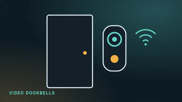 Line illustration of an apartment door with a video doorbell and a Wi-Fi signal